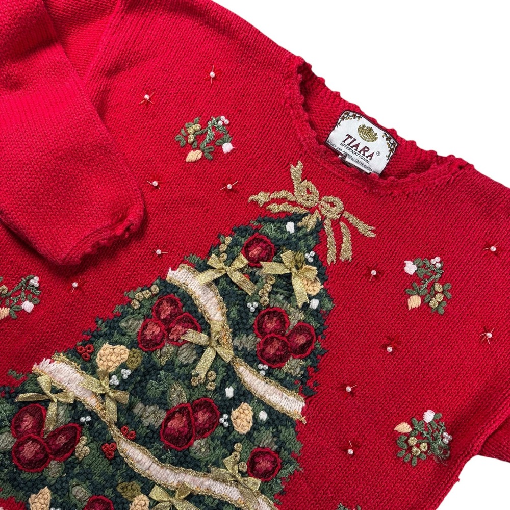 VTG Grannycore Christmas Tree Womens Small Red embroidered 3D